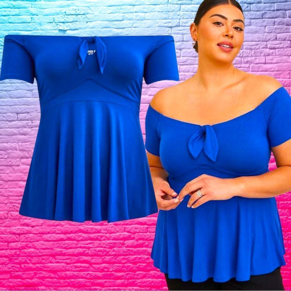 Torrid Blue Babydoll Super Soft Tie-Front Off-Shoulder Top NWT - Picture 2 of 15